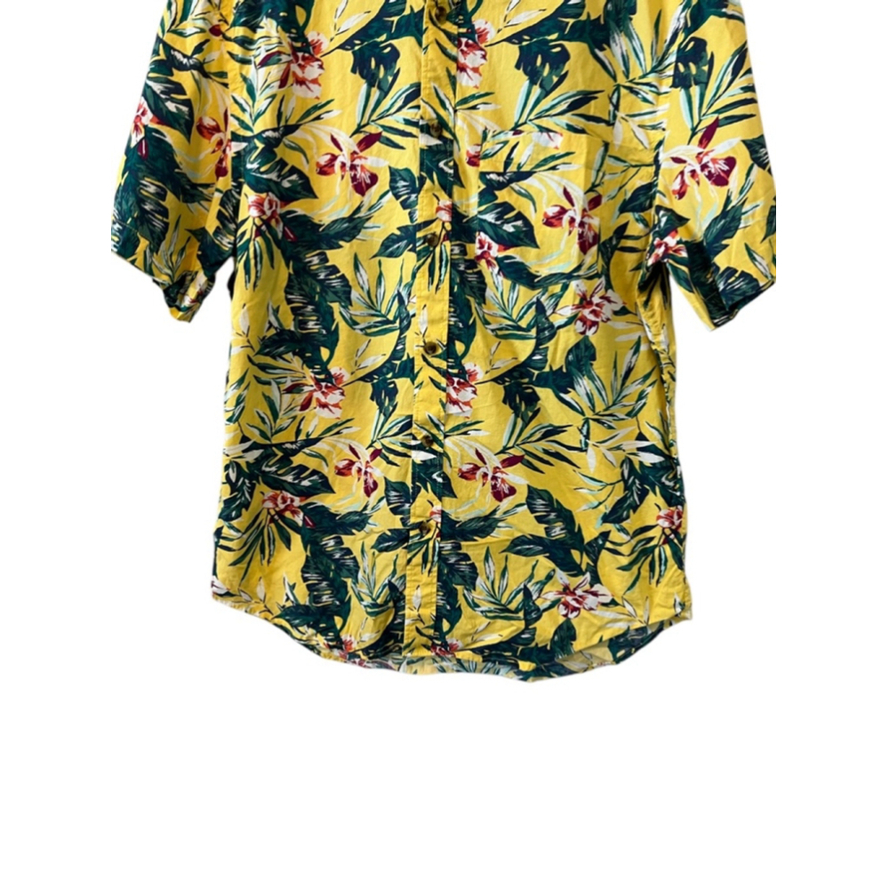 Old Navy Tropical Hawaiian Floral Button Up Shirt Yellow Large Slim Fit - Picture 4 of 10